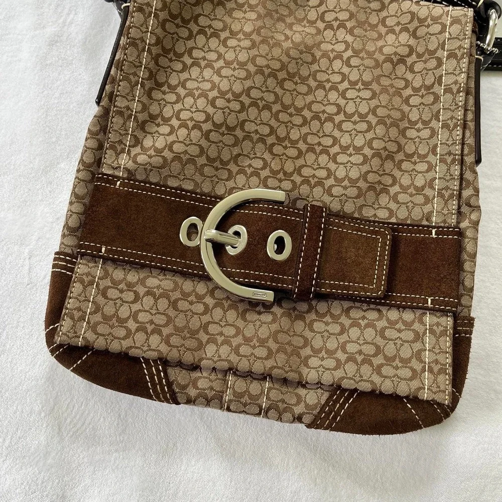 Y2K Coach monogram canvas suede buckle cross body bag brown tan G050-3644